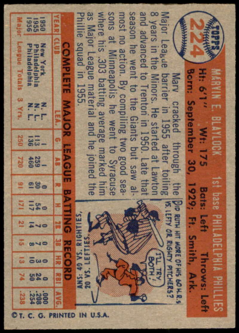 Marv Blaylock Card 1957 Topps #224  Image 2