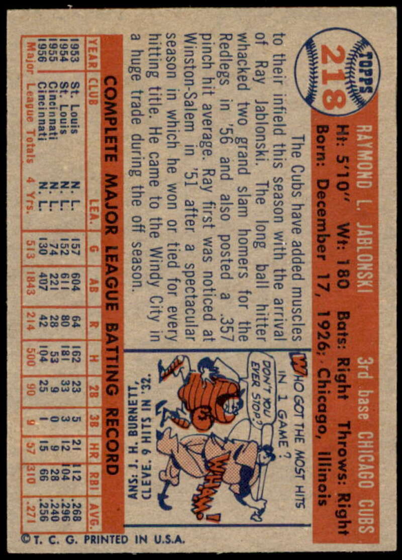 Ray Jablonski Card 1957 Topps #218  Image 2