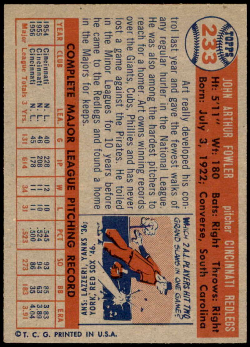 Art Fowler Card 1957 Topps #233  Image 2