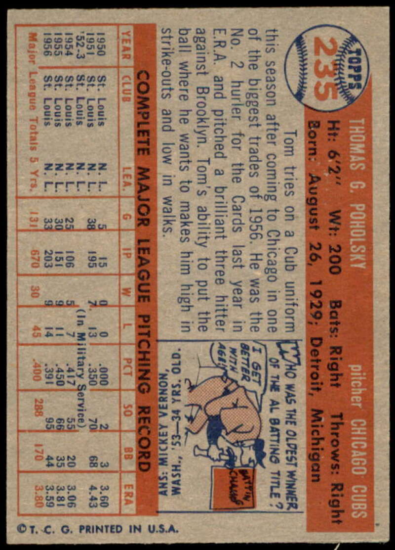 Tom Poholsky Card 1957 Topps #235  Image 2