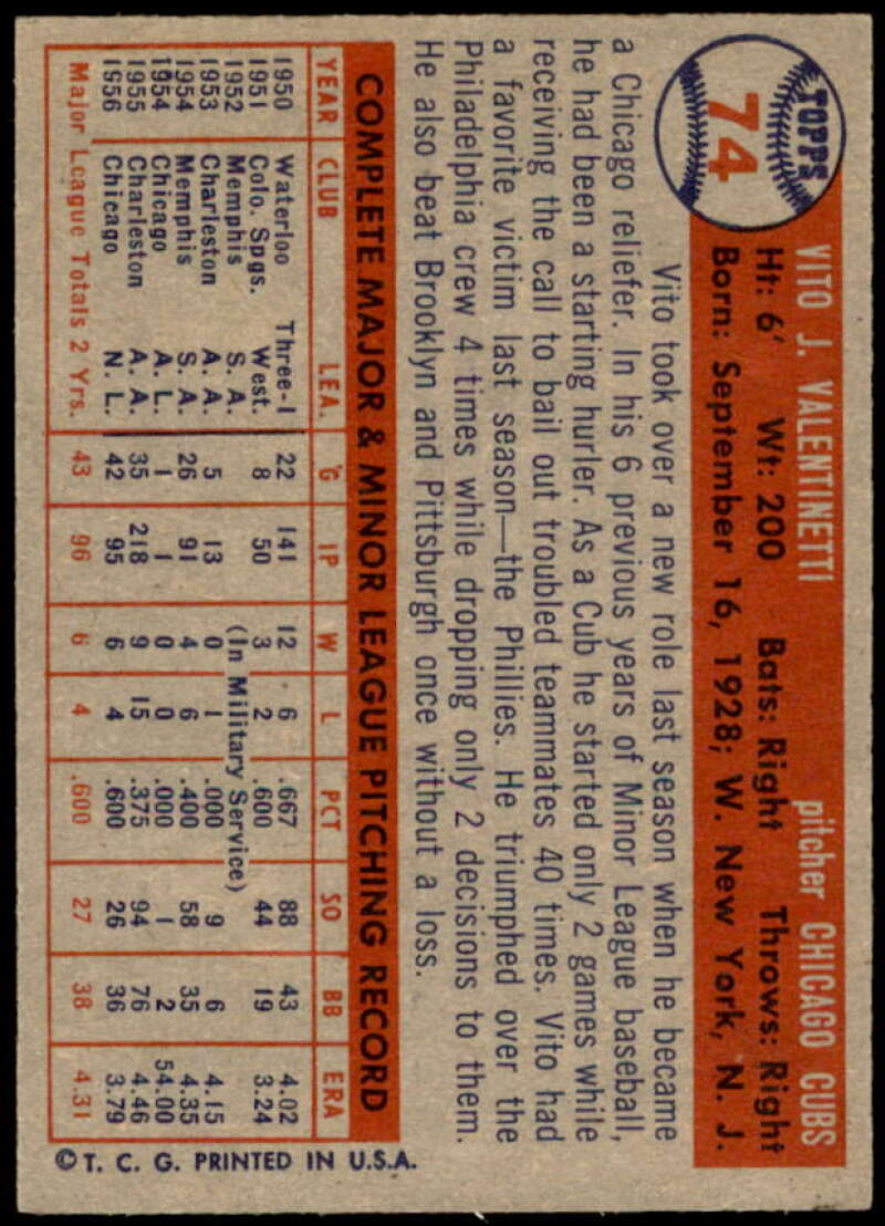Vito Valentinetti Rookie Card 1957 Topps #74  Image 2