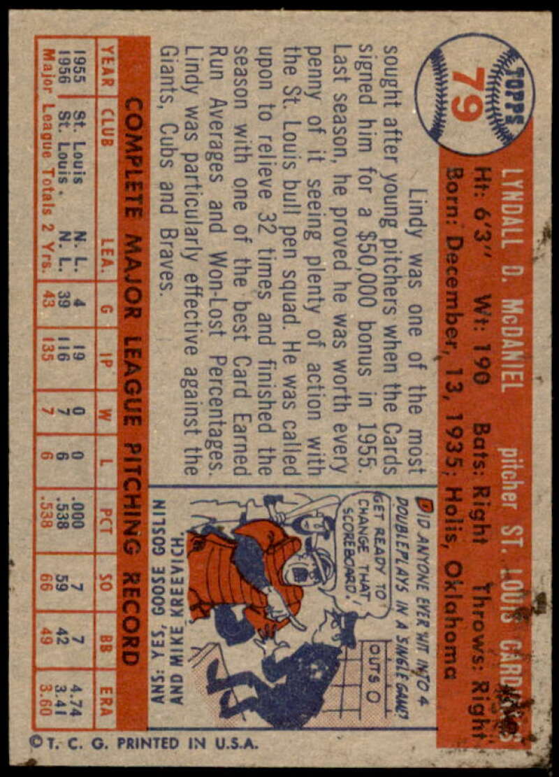 Lindy McDaniel Rookie Card 1957 Topps #79  Image 2