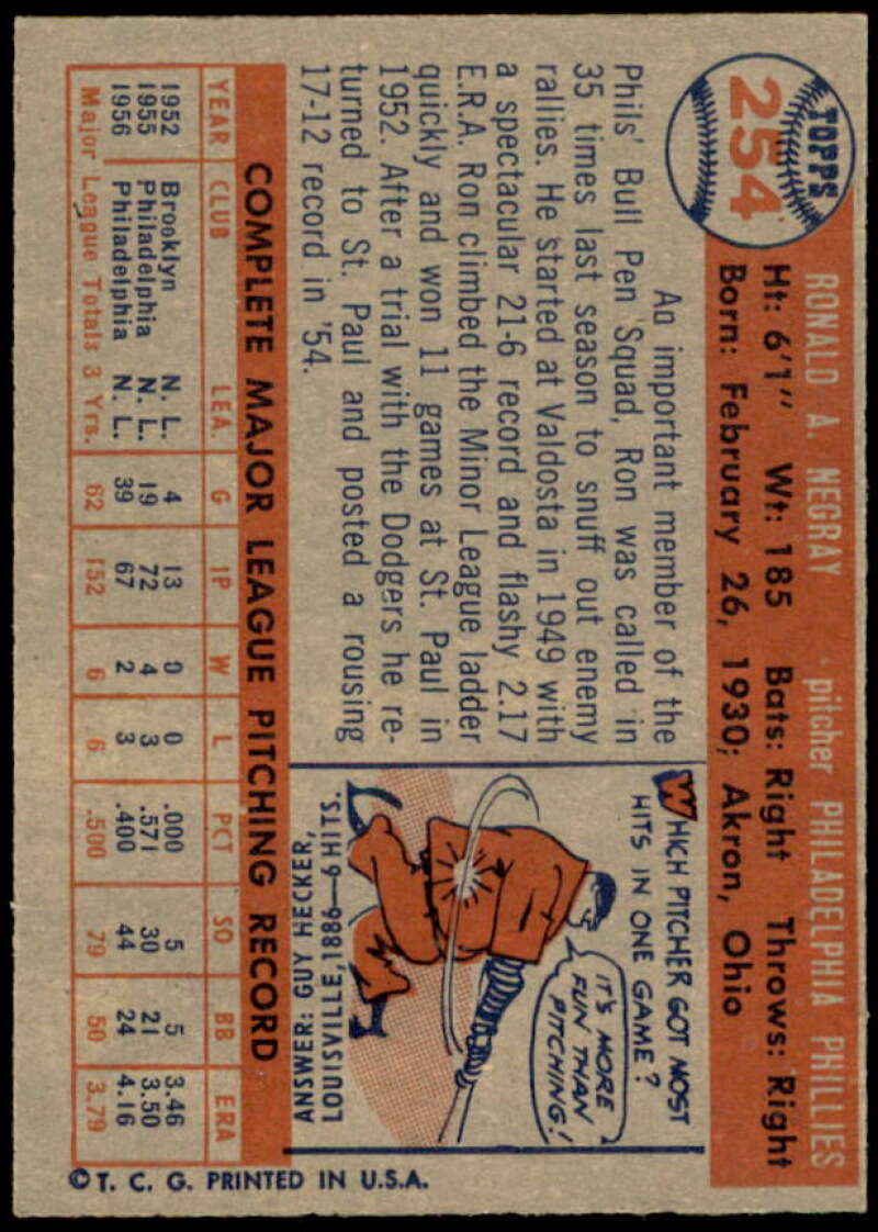 Ron Negray Card 1957 Topps #254  Image 2