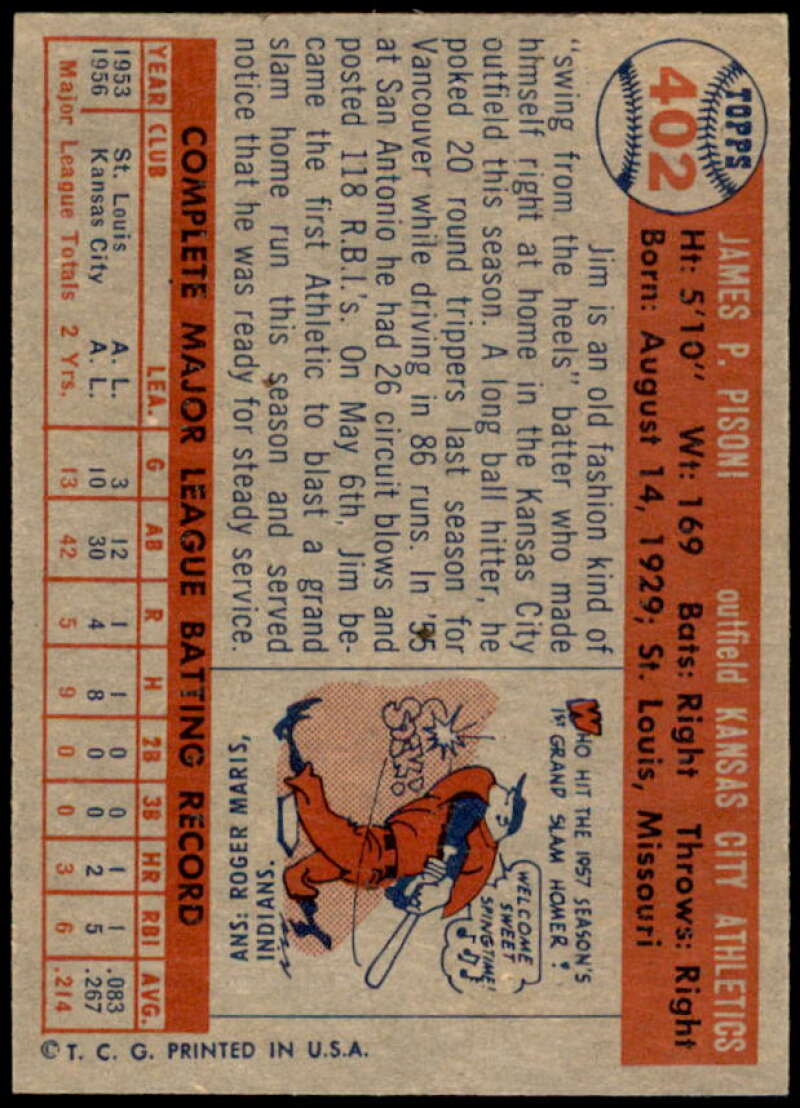 Jim Pisoni Rookie Card 1957 Topps #402  Image 2