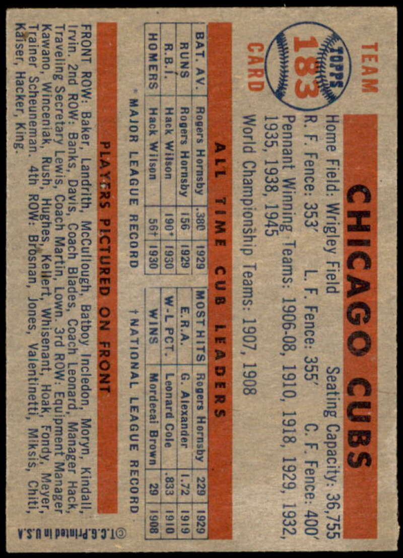 Chicago Cubs TC Card 1957 Topps #183  Image 2