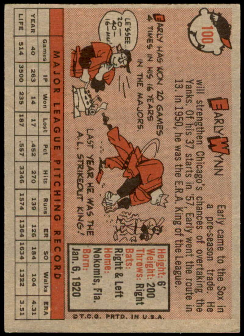 Early Wynn Card 1958 Topps #100A  Image 2