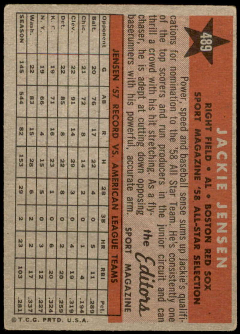 Jackie Jensen AS Card 1958 Topps #489  Image 2