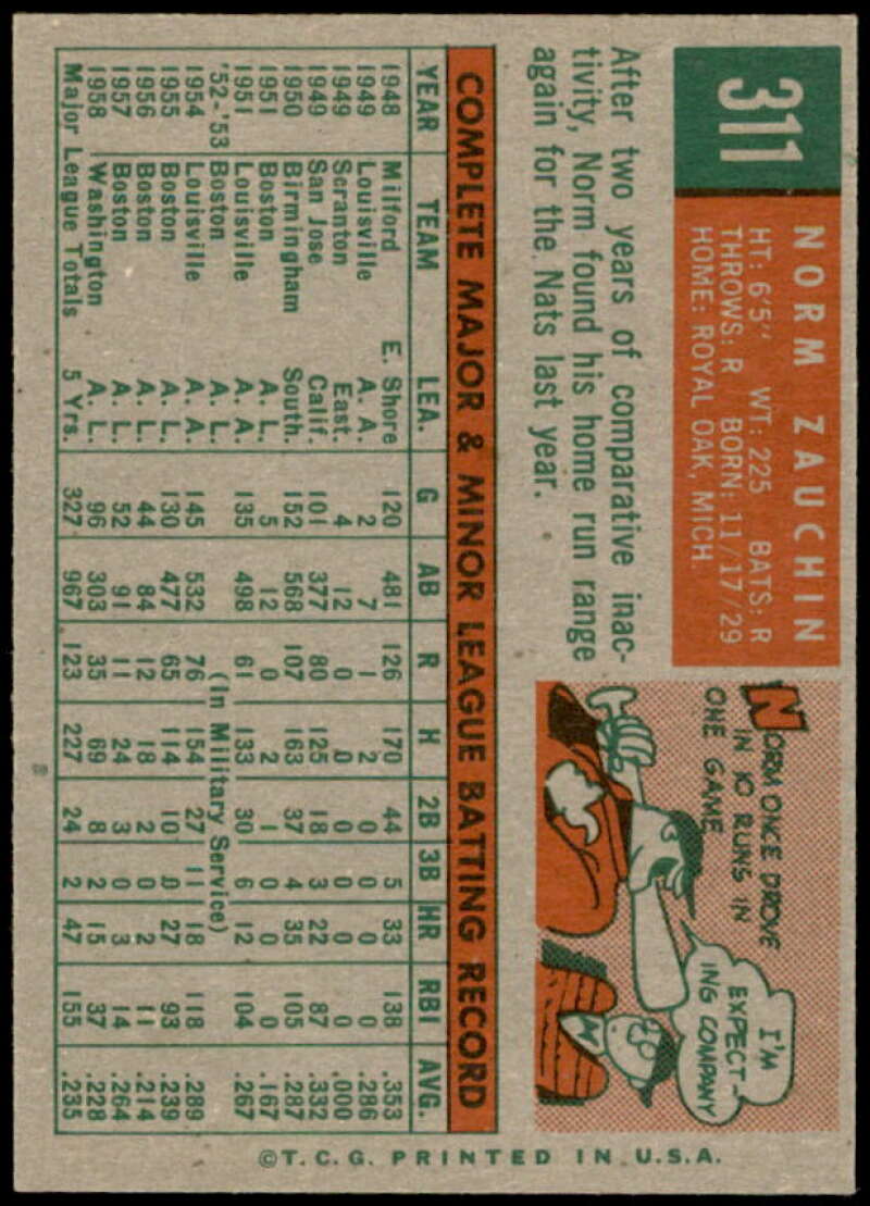 Norm Zauchin Card 1959 Topps #311  Image 2