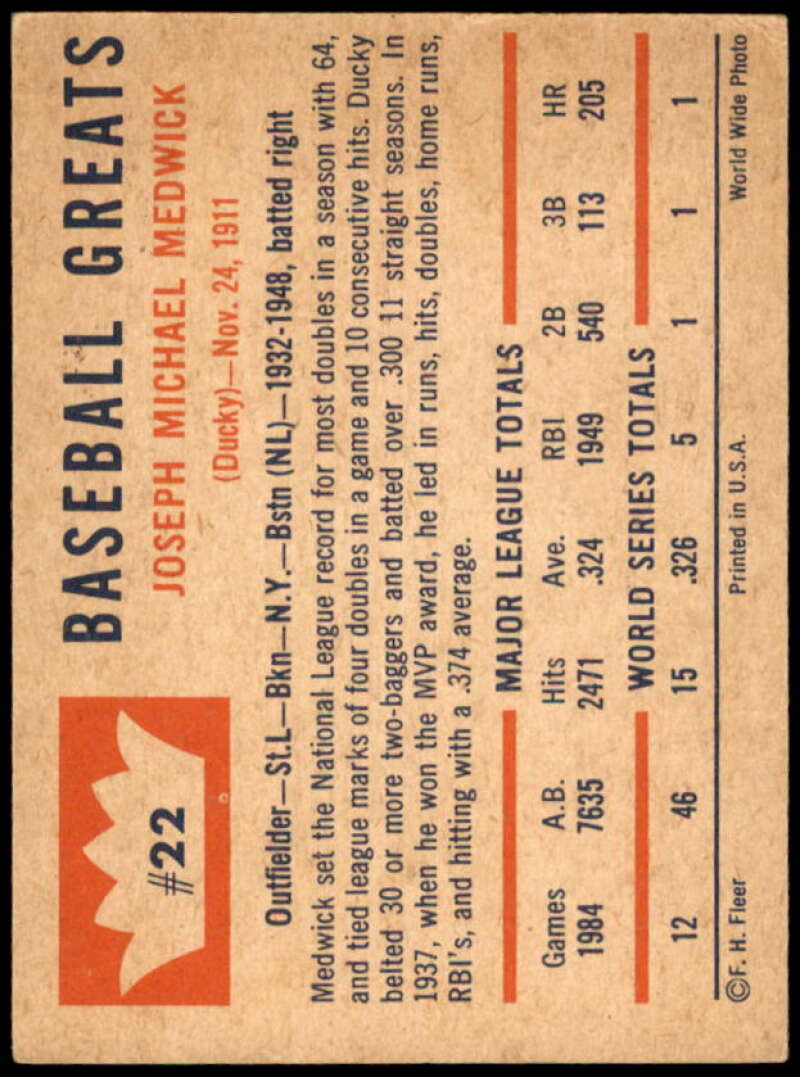 Joe Medwick Card 1960 Fleer #22  Image 2