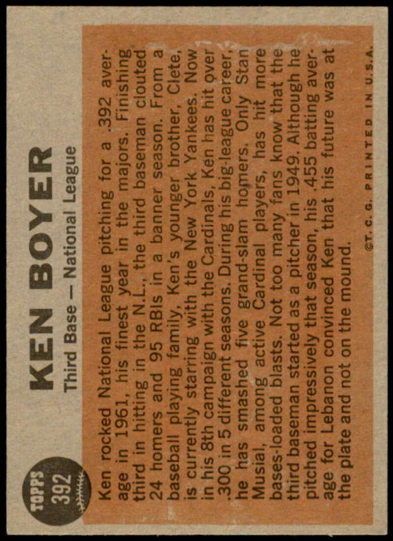 Ken Boyer AS UER Card 1962 Topps #392  Image 2