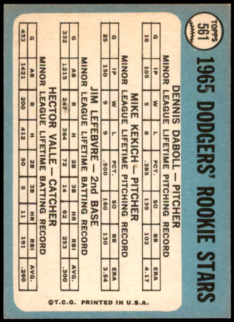 Rookie Stars/Daboll RC/Kekich RC/Valle RC/Lefebvre Rookie Card 1965 Topps #561  Image 2