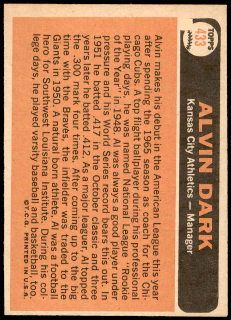 Alvin Dark MG Card 1966 Topps #433  Image 2