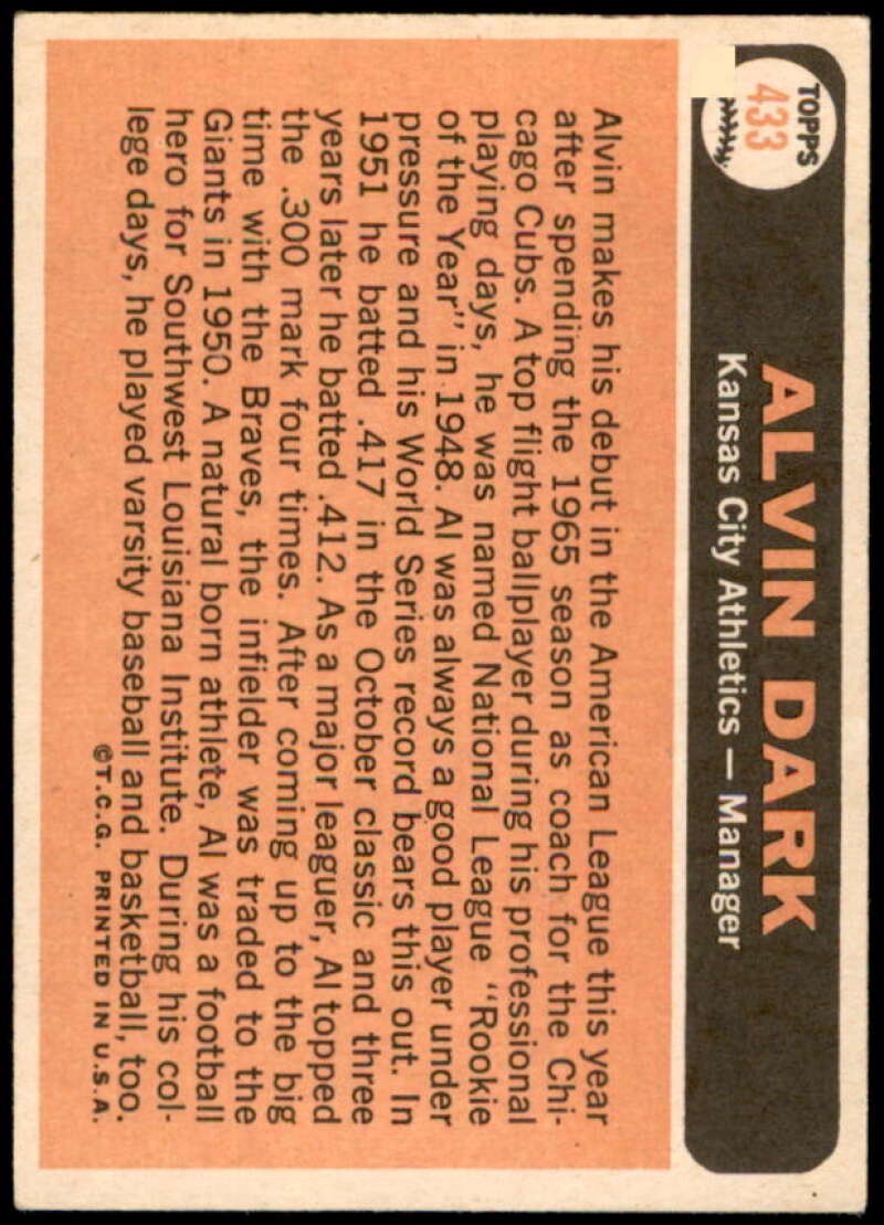 Alvin Dark MG Card 1966 Topps #433  Image 2