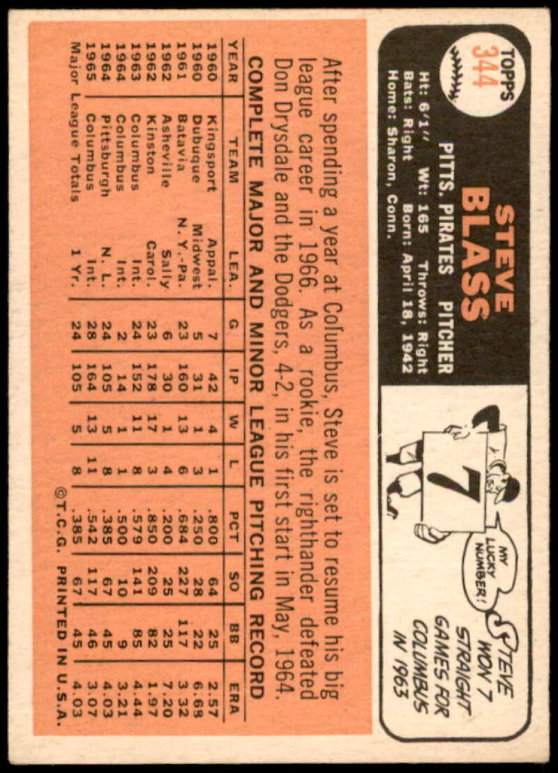 Steve Blass Card 1966 Topps #344  Image 2