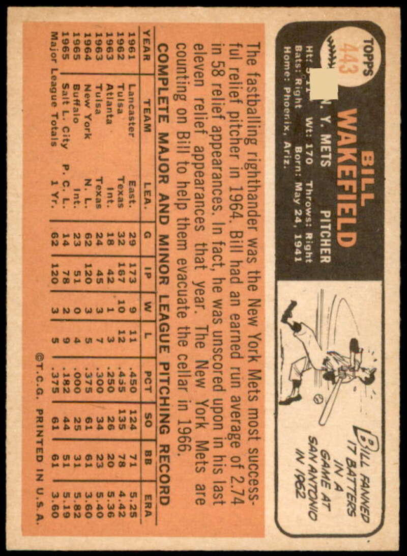 Bill Wakefield Card 1966 Topps #443  Image 2