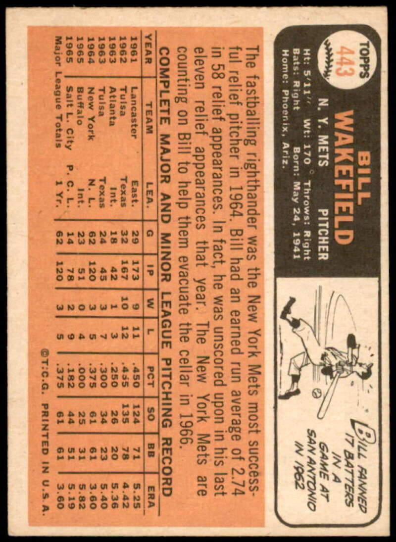 Bill Wakefield Card 1966 Topps #443  Image 2