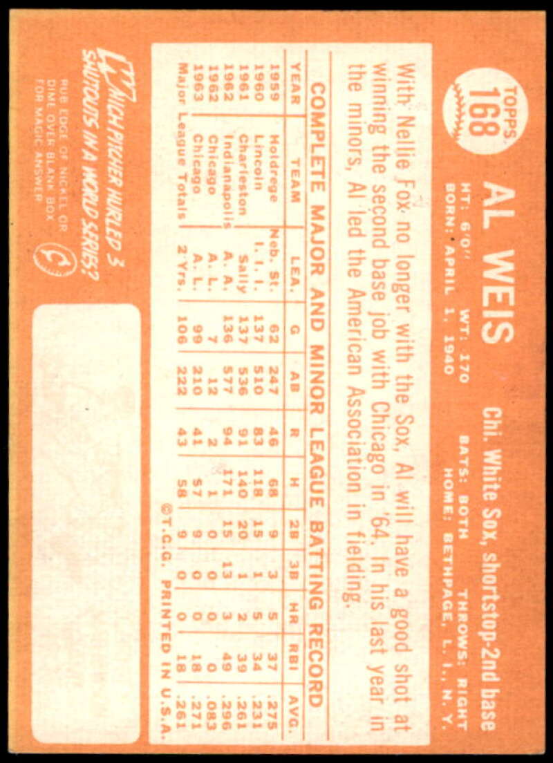 Al Weis Card 1964 Topps #168  Image 2