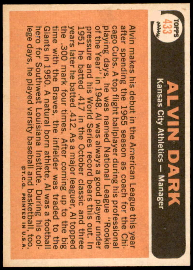 Alvin Dark MG Card 1966 Topps #433  Image 2