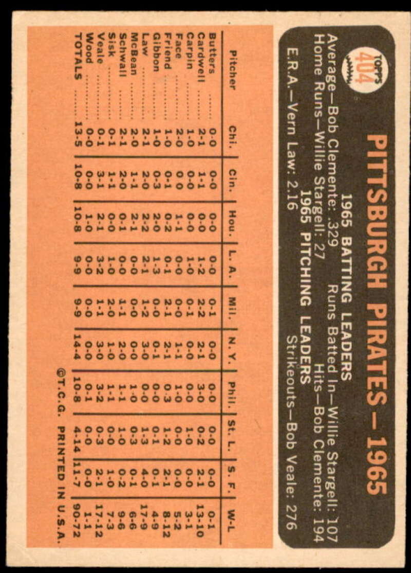 Pittsburgh Pirates TC Card 1966 Topps #404  Image 2