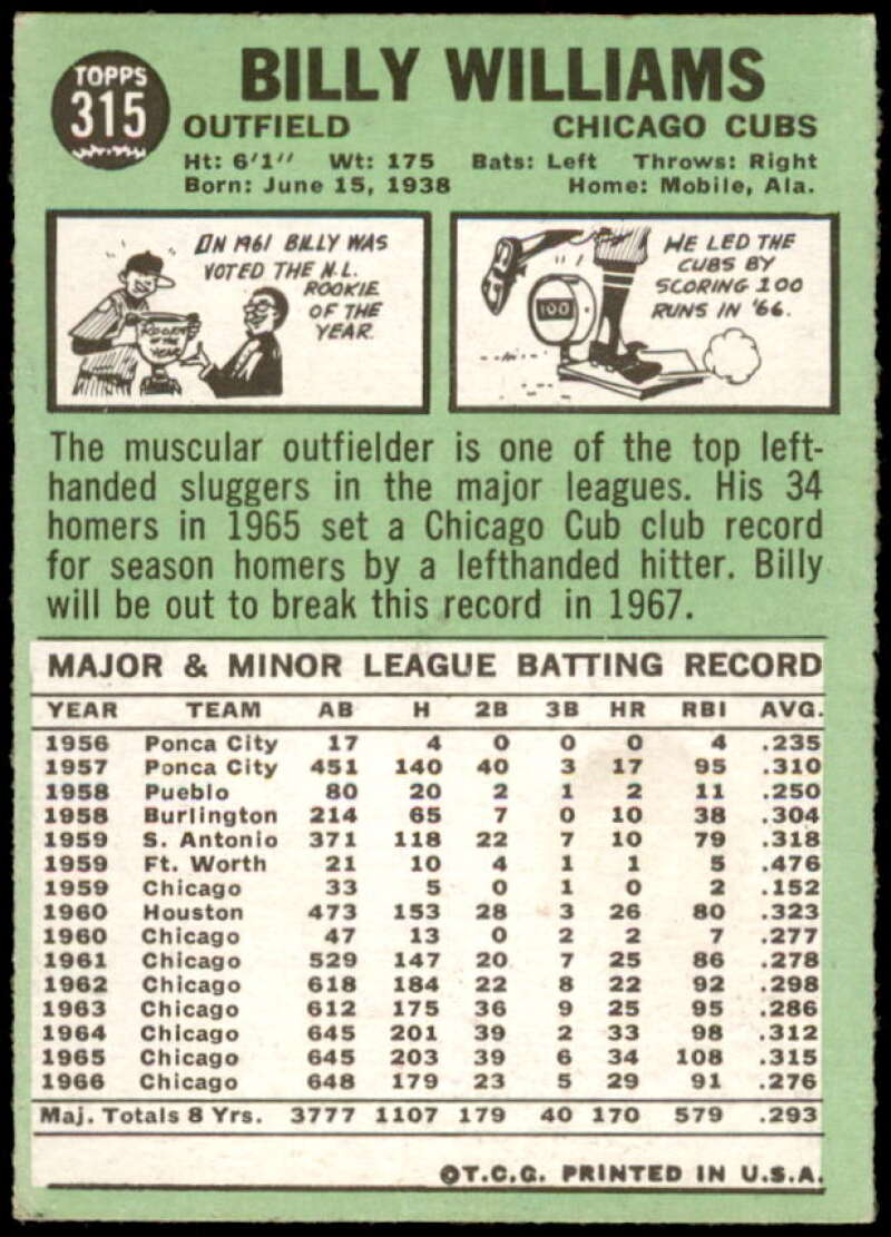 Billy Williams Card 1967 Topps #315  Image 2