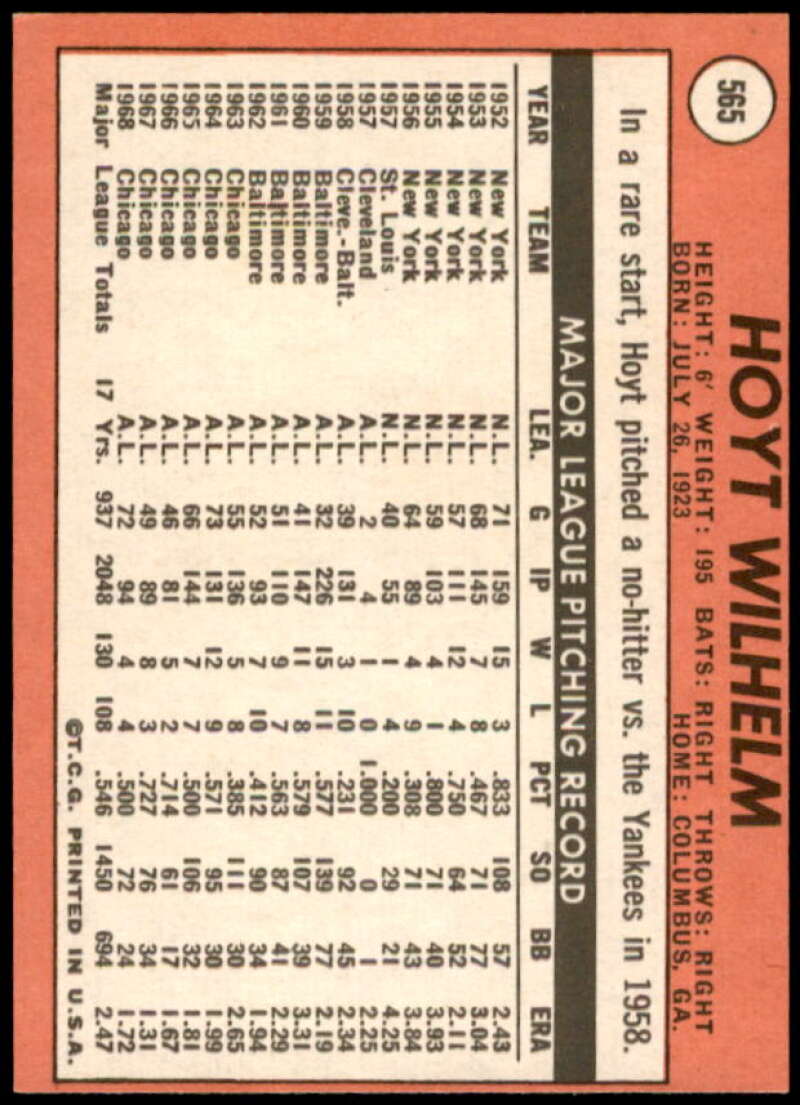 Hoyt Wilhelm Card 1969 Topps #565  Image 2