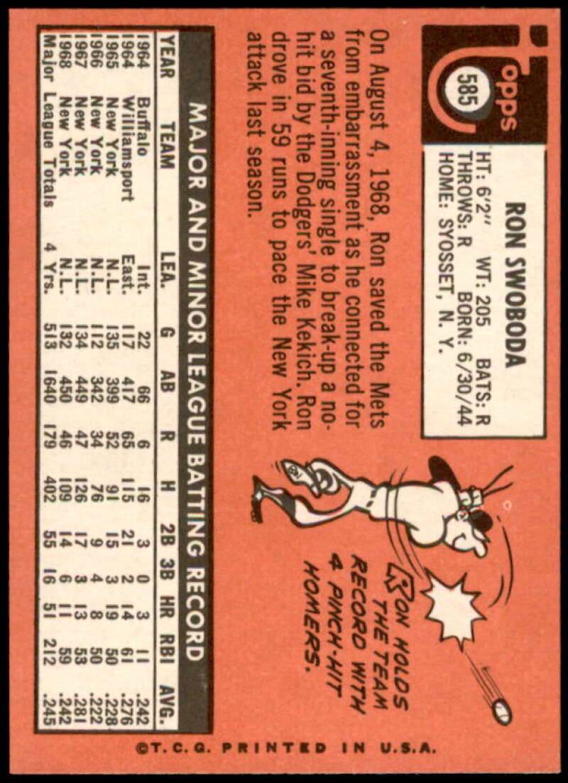 Ron Swoboda Card 1969 Topps #585  Image 2
