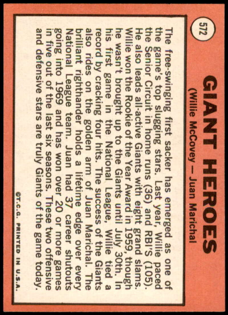 Giants Heroes/Willie McCovey/Juan Marichal Card 1969 Topps #572  Image 2