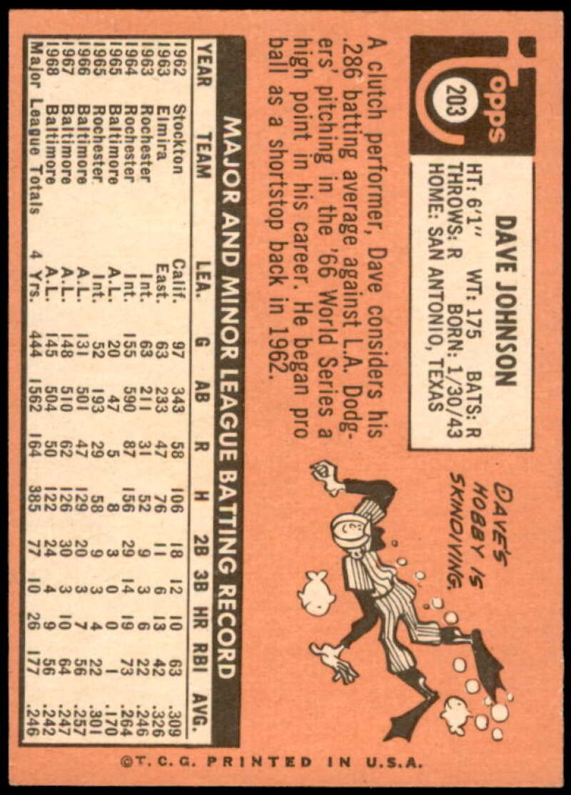 Dave Johnson Card 1969 Topps #203  Image 2