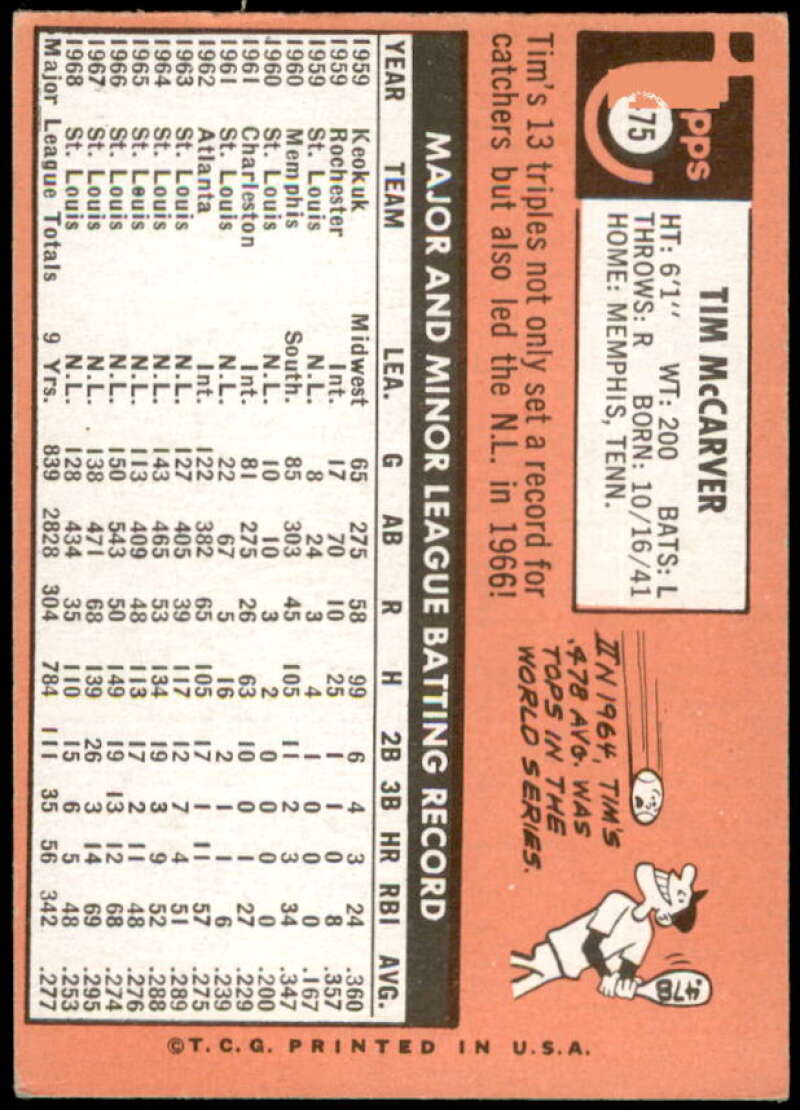 Tim McCarver Card 1969 Topps #475  Image 2