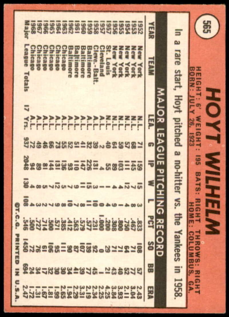 Hoyt Wilhelm Card 1969 Topps #565  Image 2