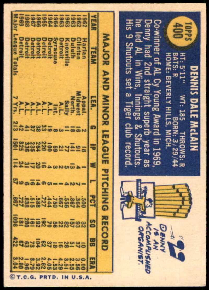 Denny McLain Card 1970 Topps #400  Image 2