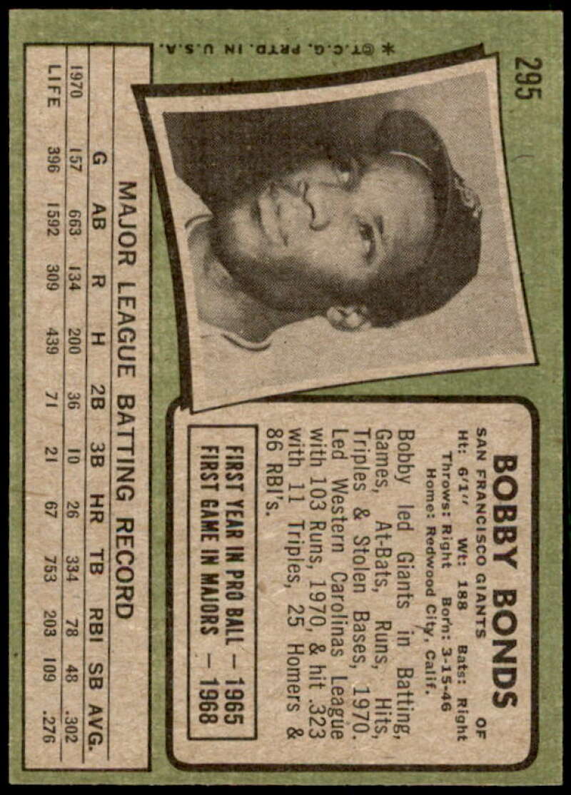 Bobby Bonds Card 1971 Topps #295  Image 2