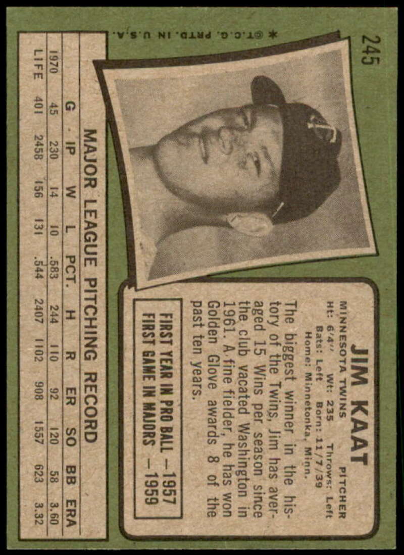 Jim Kaat Card 1971 Topps #245  Image 2