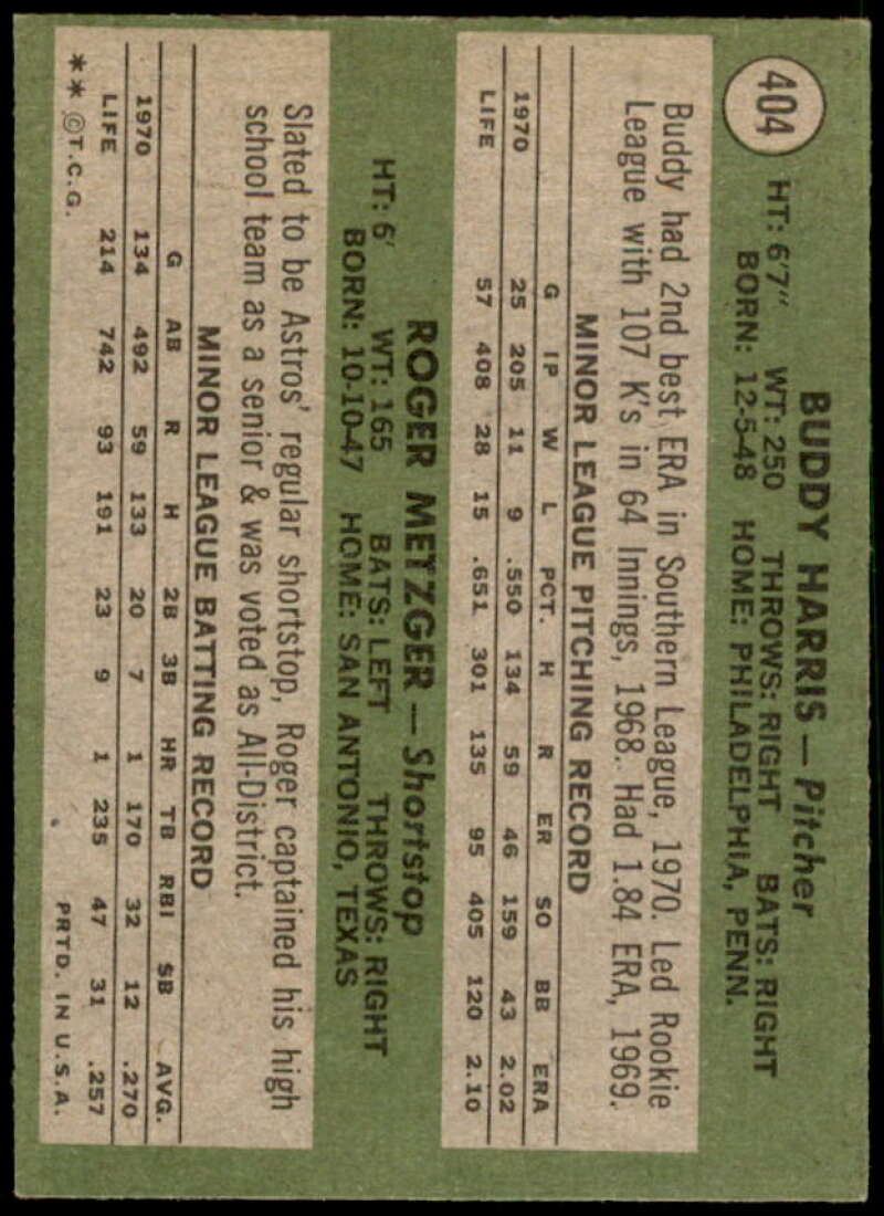 Rookie Stars/Buddy Harris RC/Roger Metzger Rookie Card 1971 Topps #404  Image 2