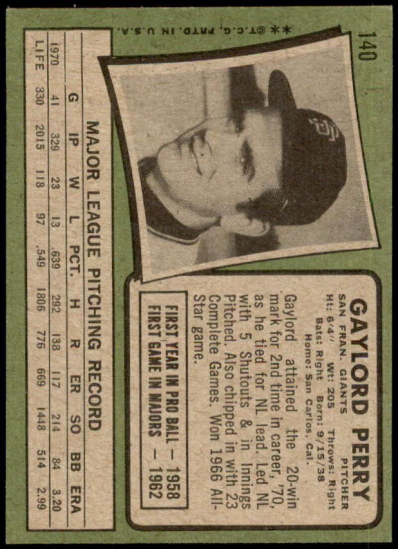 Gaylord Perry Card 1971 Topps #140  Image 2