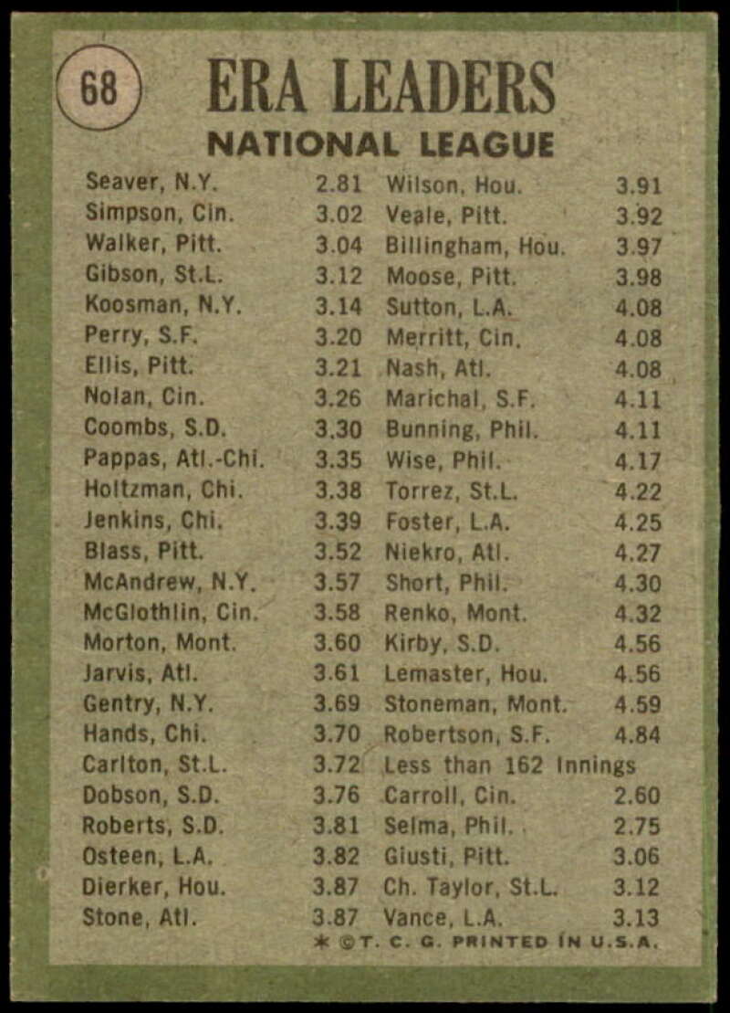 NL ERA Leaders/Tom Seaver/Wayne Simpson/Luke Walker Card 1971 Topps #68  Image 2