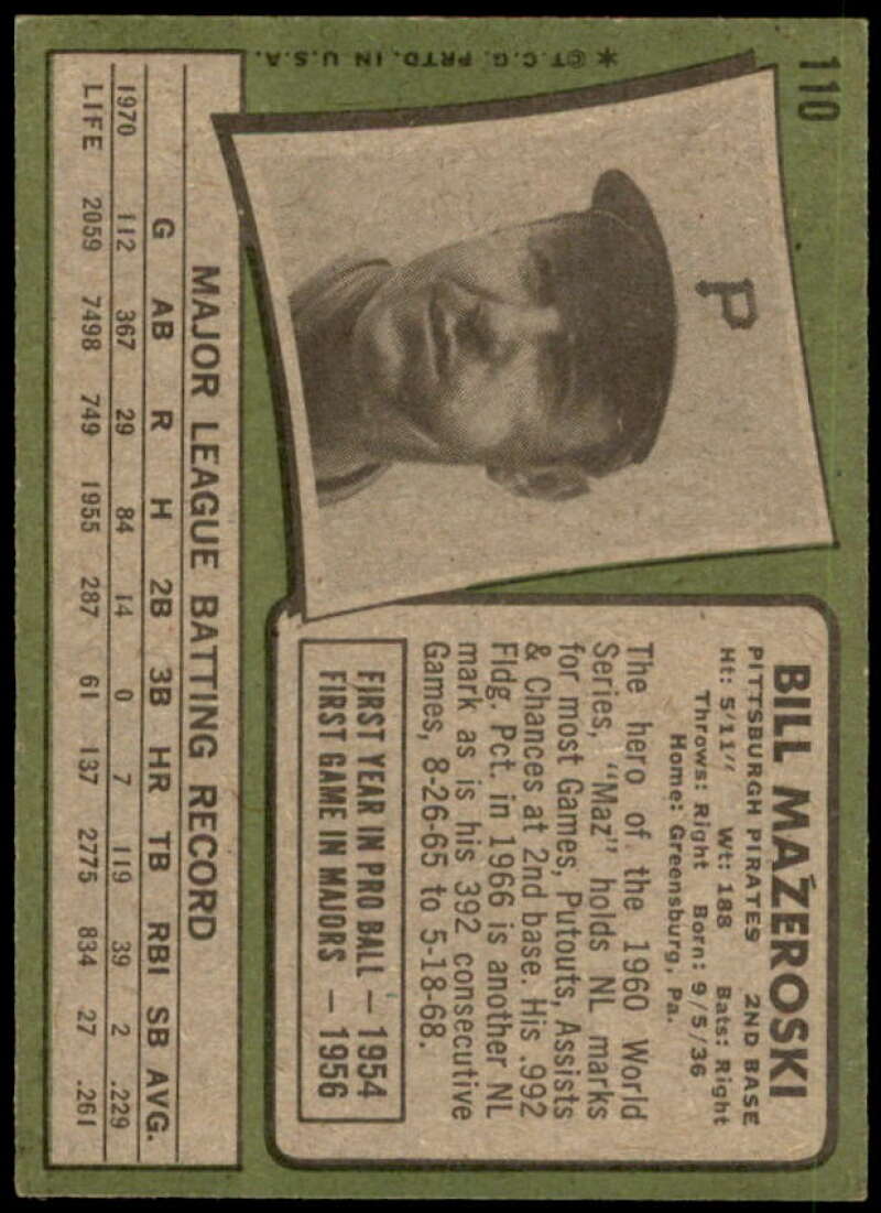 Bill Mazeroski Card 1971 Topps #110  Image 2