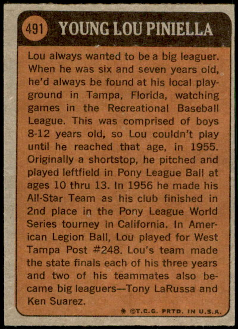 Lou Piniella KP Card 1972 Topps #491  Image 2