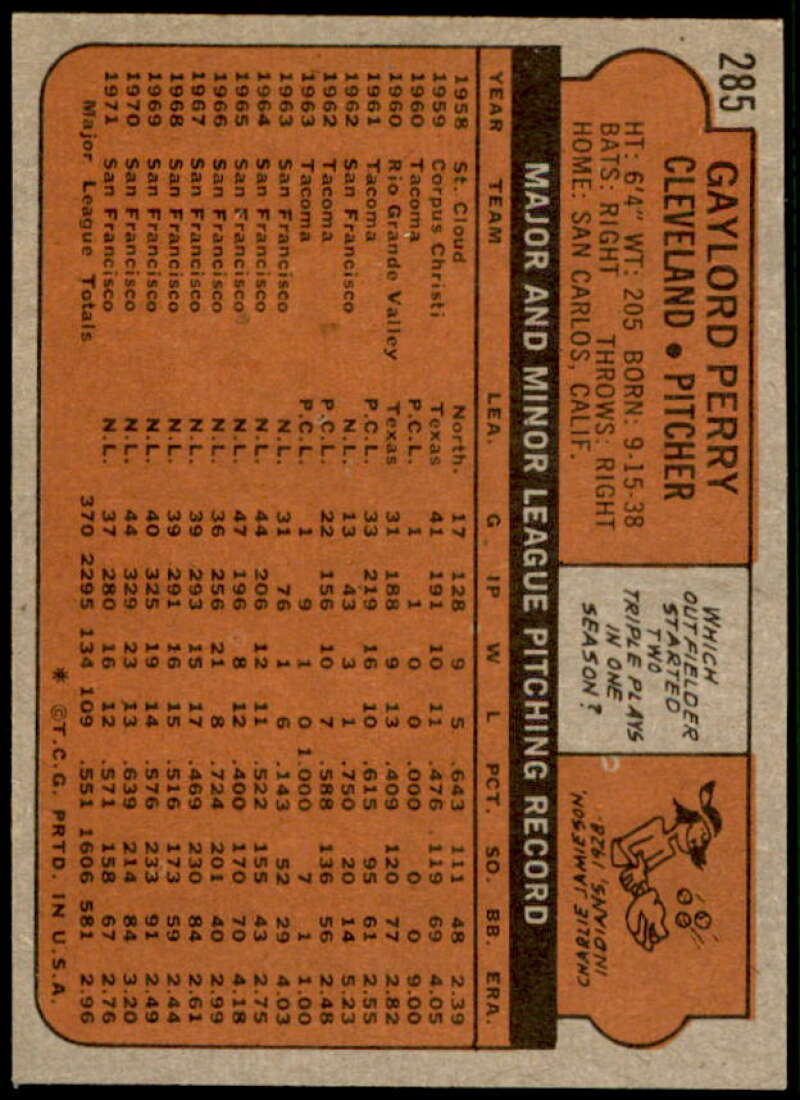 Gaylord Perry Card 1972 Topps #285  Image 2