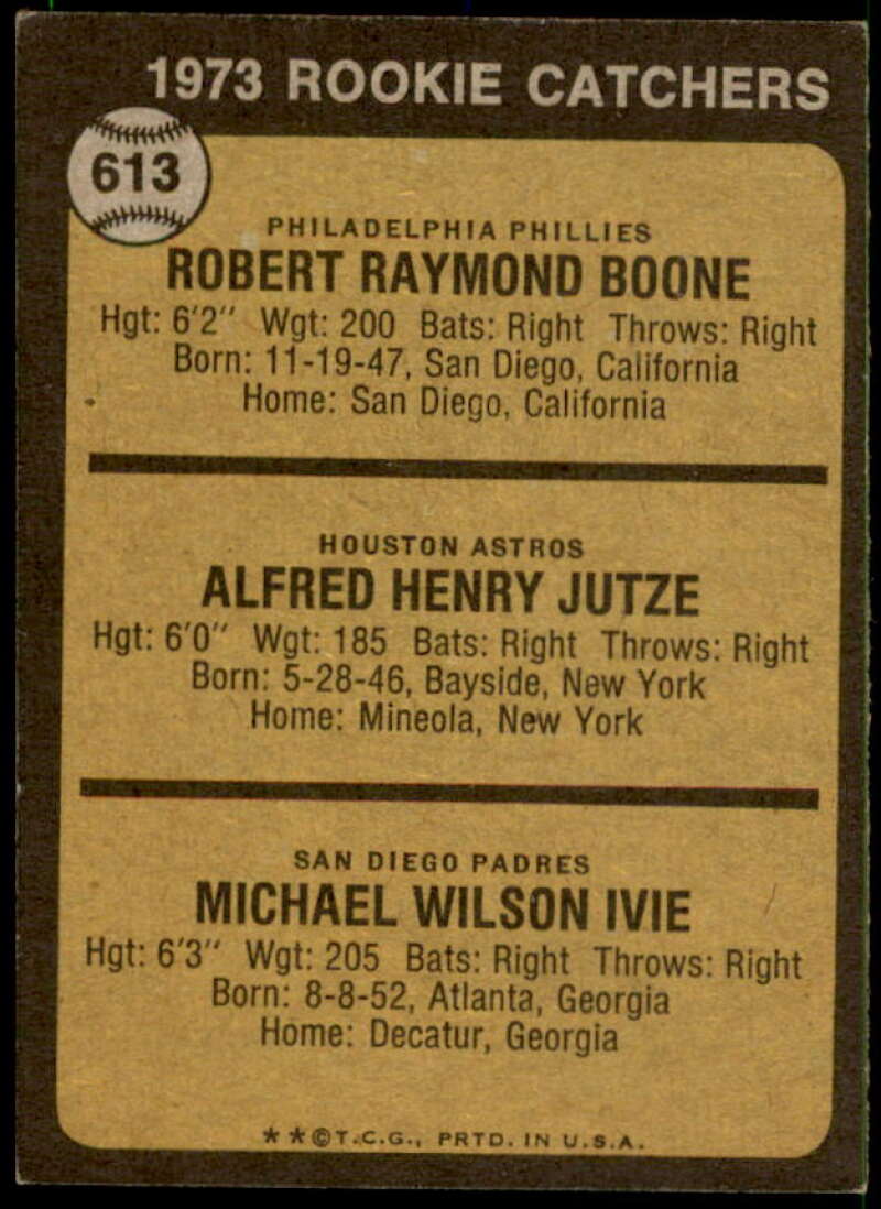Rookie Catchers/Bob Boone RC/Skip Jutze RC/Mike Ivie Rookie 1973 Topps #613  Image 2