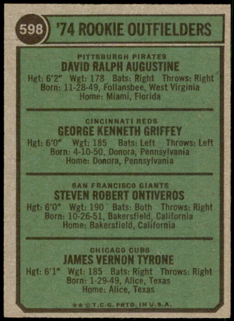 /Augustine RC/Ken Griffey RC/Ontiveros RC/Tyrone RC Rookie Card 1974 Topps #598  Image 2