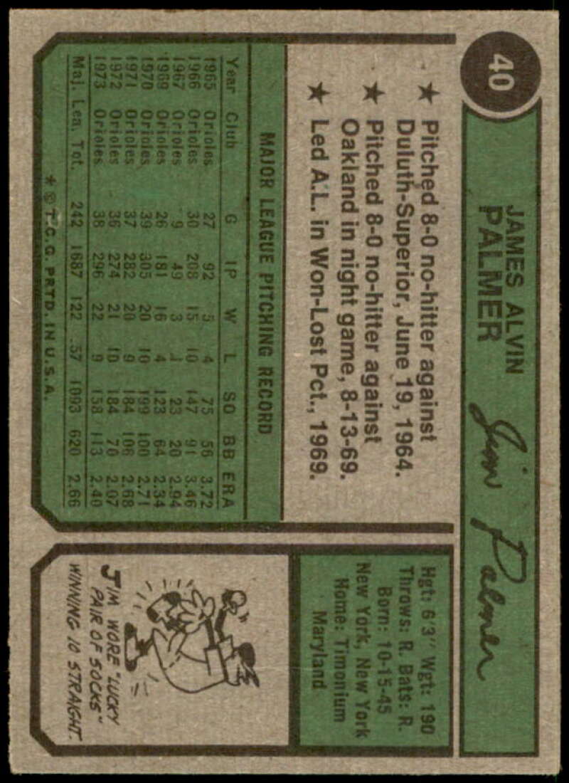 Jim Palmer Card 1974 Topps #40  Image 2