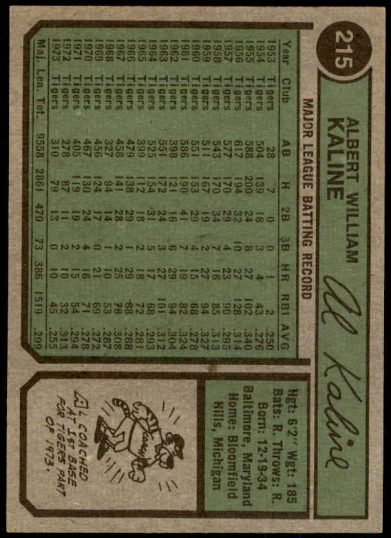 Al Kaline Card 1974 Topps #215  Image 2