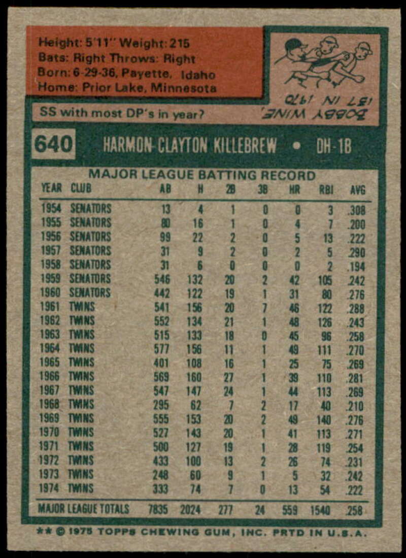Harmon Killebrew Card 1975 Topps #640  Image 2