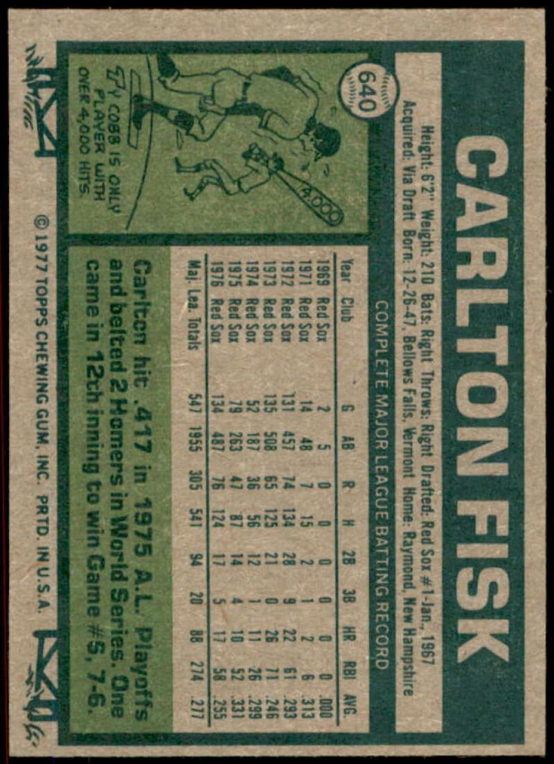 Carlton Fisk Card 1977 Topps #640  Image 2