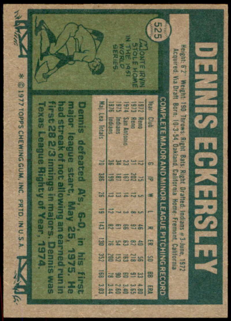Dennis Eckersley Card 1977 Topps #525  Image 2