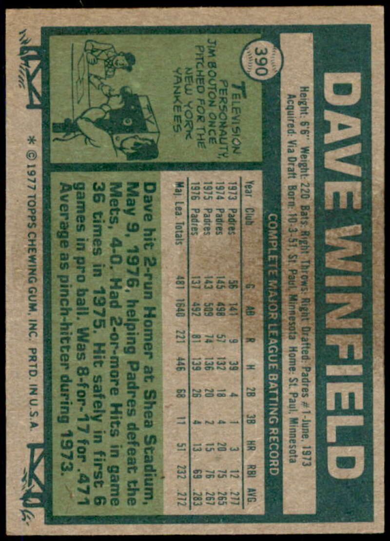 Dave Winfield Card 1977 Topps #390  Image 2