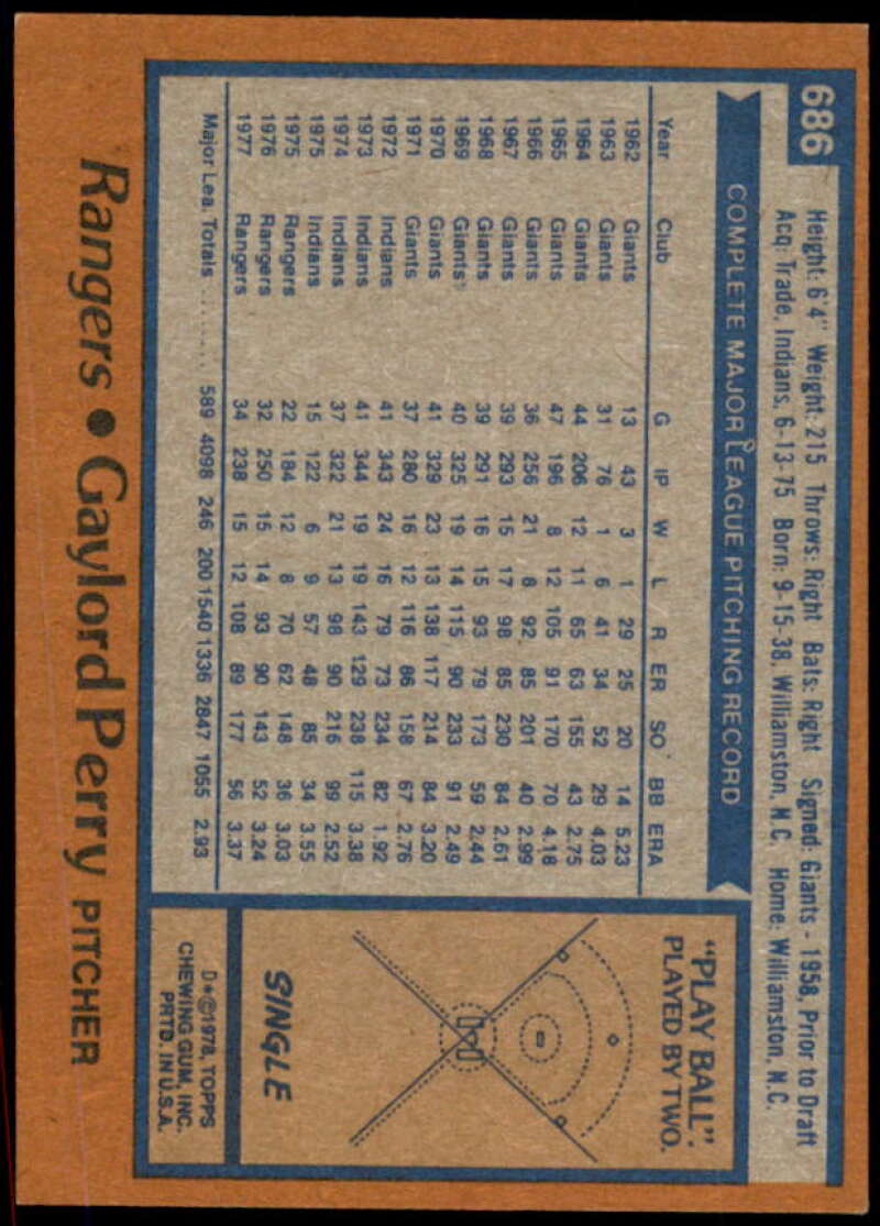 Gaylord Perry Card 1978 Topps #686  Image 2