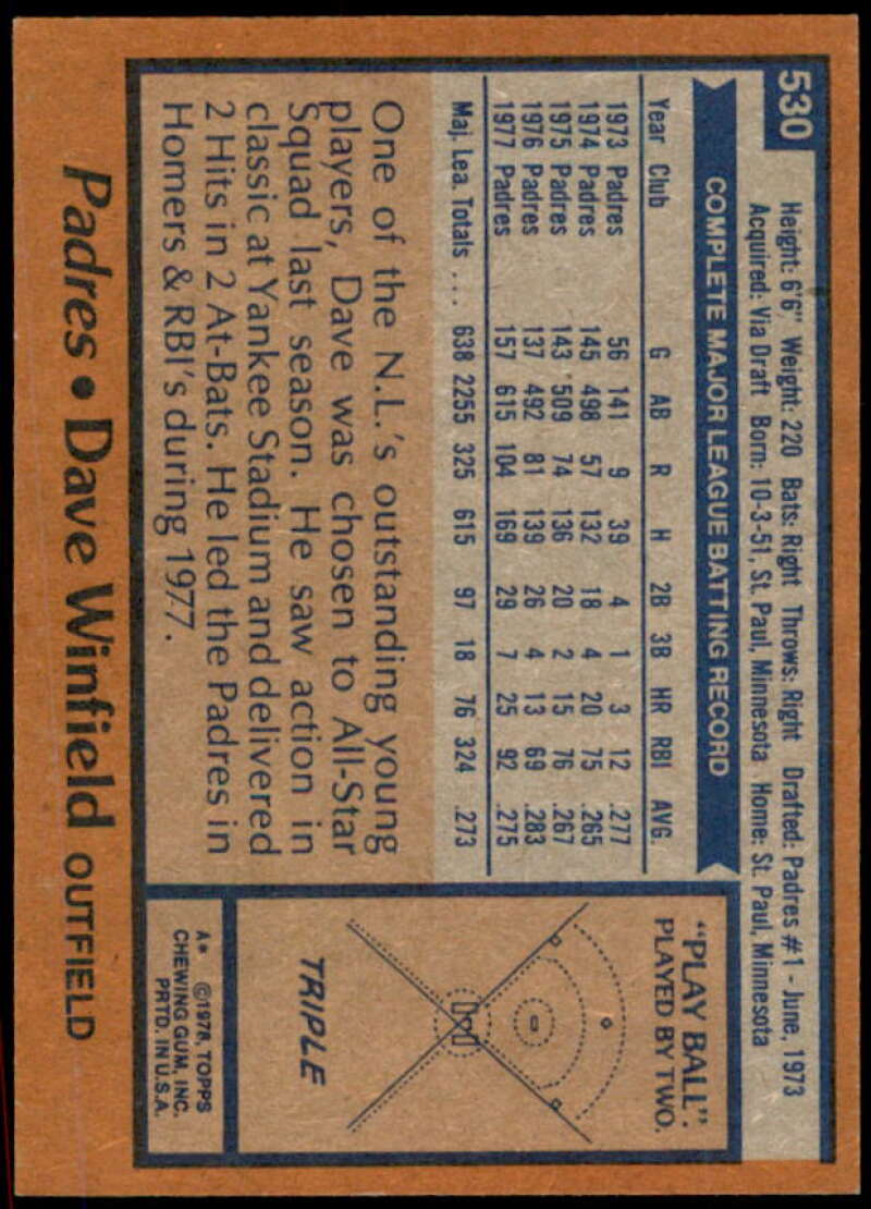 Dave Winfield Card 1978 Topps #530  Image 2