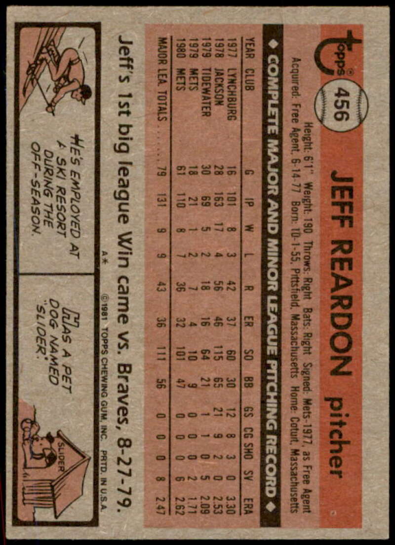 Jeff Reardon Rookie Card 1981 Topps #456  Image 2